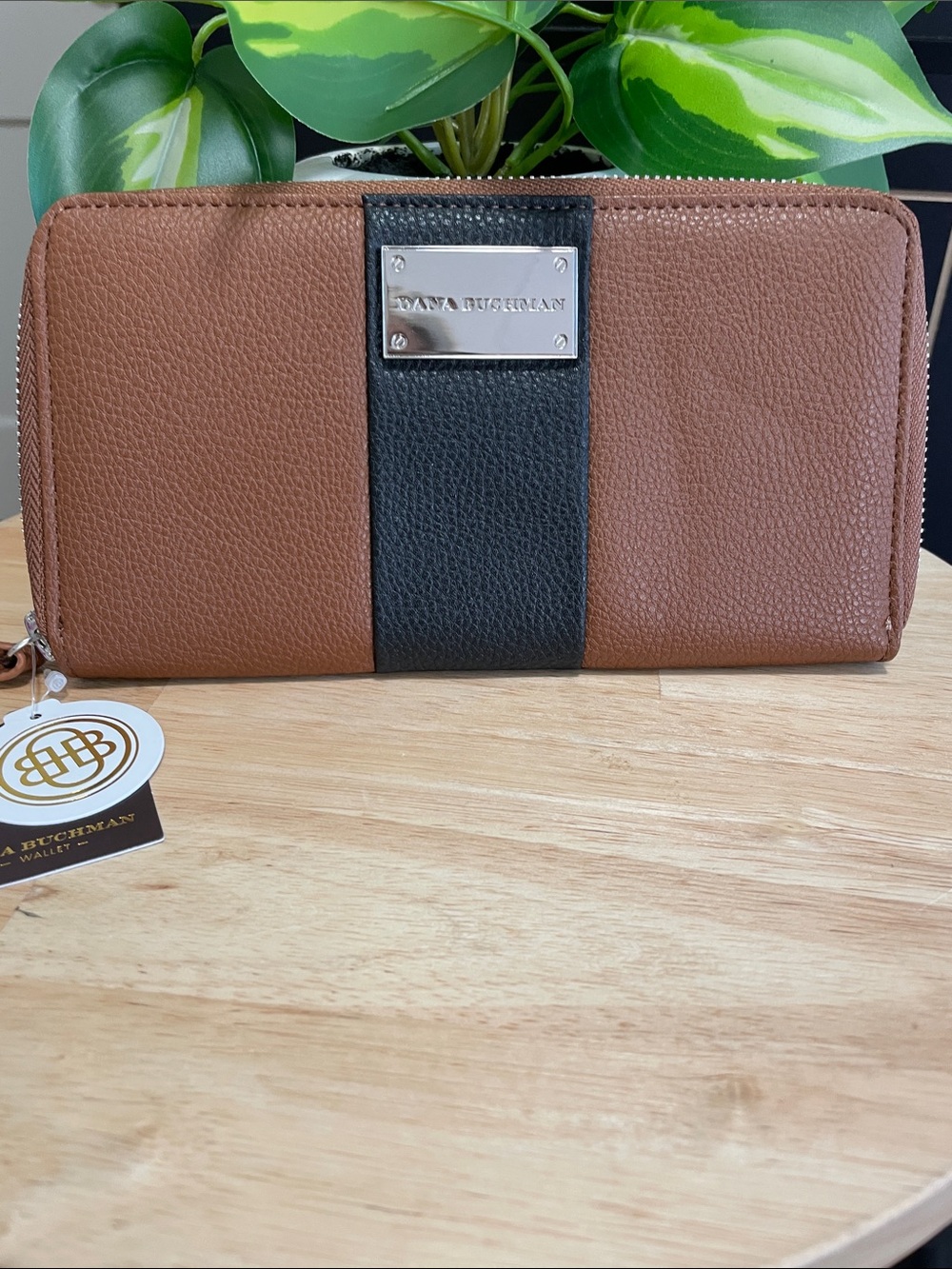 Dana Buchman Brown and Black Pebbled Leather Zip Wallet with Logo Plaque